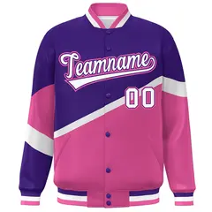 Purple Pink White-Purple Color Block Varsity Baseball Jacket 3