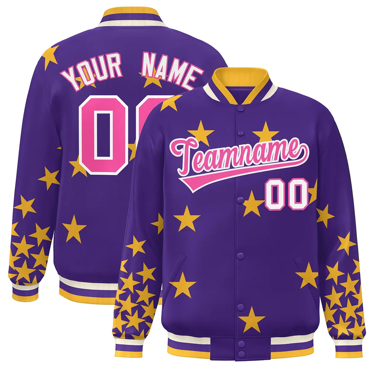 Purple Pink-White Star Graffiti Varsity Full-Snap Bomber Jacket