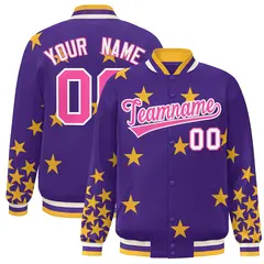 Purple Pink-White Star Graffiti Varsity Full-Snap Bomber Jacket 1