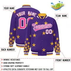 Purple Pink-White Star Graffiti Varsity Full-Snap Bomber Jacket 2