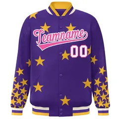 Purple Pink-White Star Graffiti Varsity Full-Snap Bomber Jacket 3