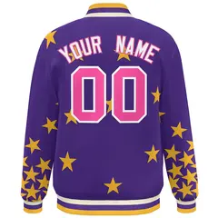 Purple Pink-White Star Graffiti Varsity Full-Snap Bomber Jacket 4