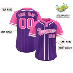 Purple Pink-White Stripe Raglan Two-Button Softball Jersey 2