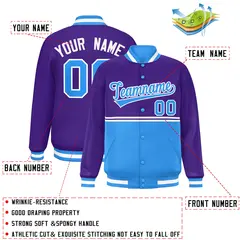 Purple Powder Blue Color Block Varsity Full-Snap Letterman Jacket 2