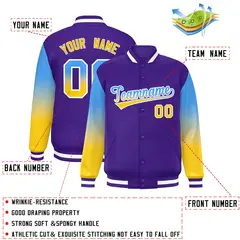 Purple Powder Blue-Gold Gradient Varsity Full-Snap Raglan Baseball Jacket 2