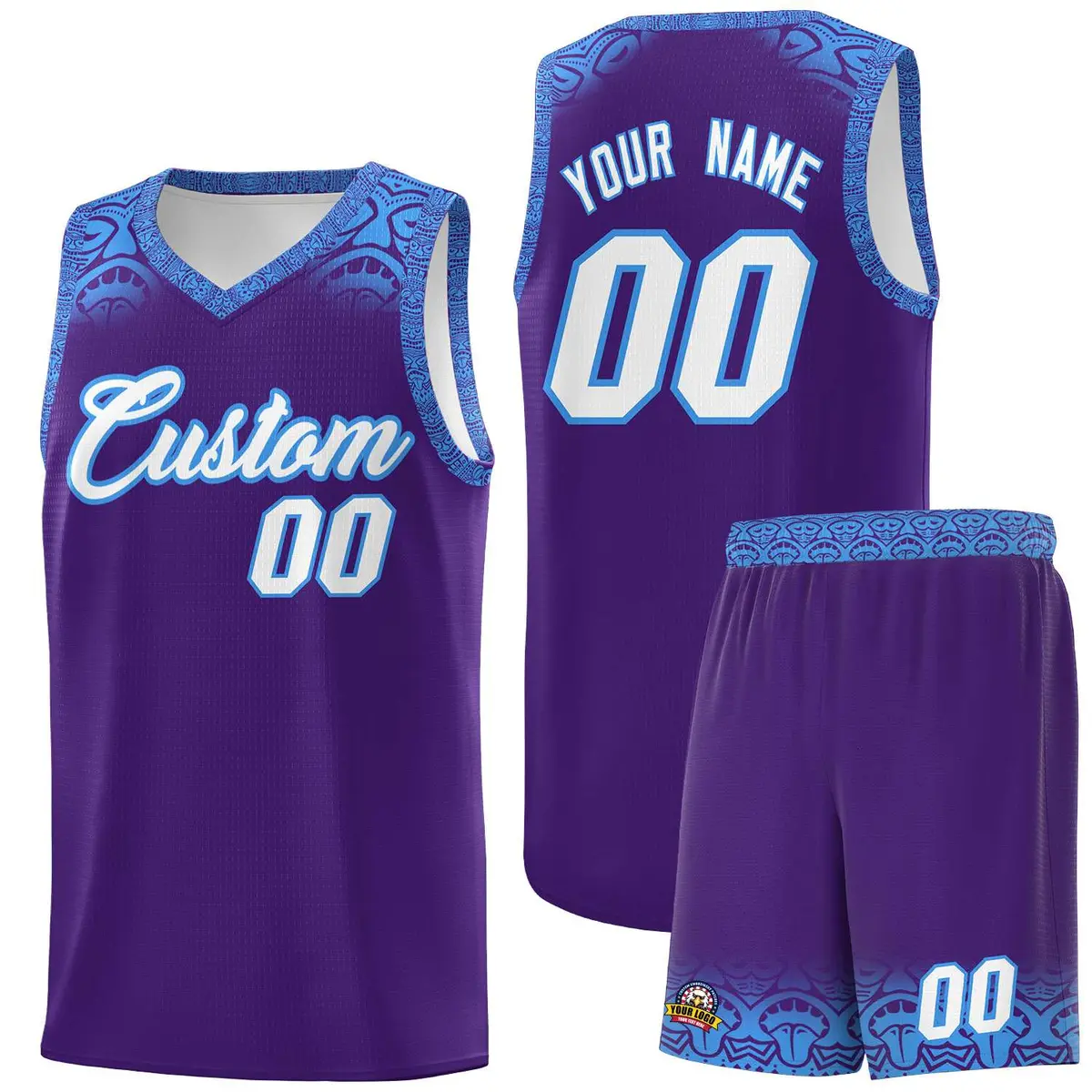 Purple Powder Blue Indians Print Basketball Uniform Jersey