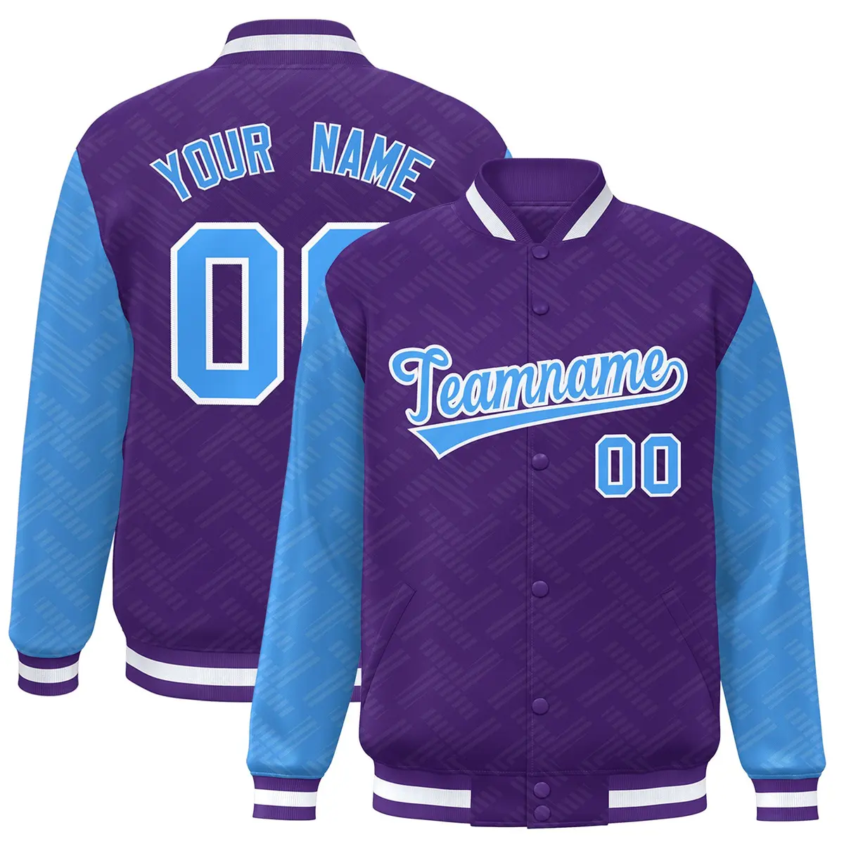 Purple Powder Blue L Pattern Raglan Sleeves Varsity Letterman Jacket