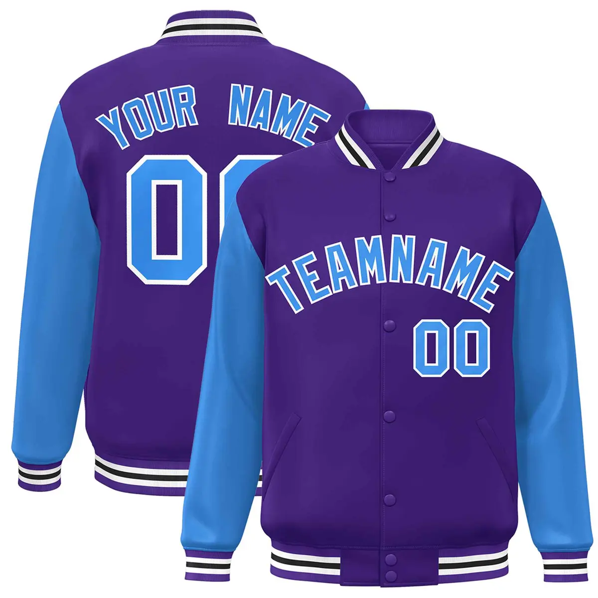 Purple Powder Blue-White Raglan Varsity Full-Snap Letterman Jacket