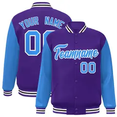 Purple Powder Blue-White Raglan Varsity Full-Snap Letterman Jacket 1