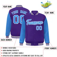 Purple Powder Blue-White Raglan Varsity Full-Snap Letterman Jacket 2
