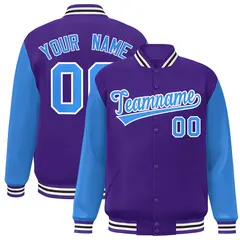 Purple Powder Blue-White Raglan Varsity Full-Snap Letterman Jacket 1