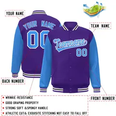 Purple Powder Blue-White Raglan Varsity Full-Snap Letterman Jacket 2