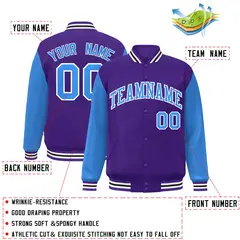 Purple Powder Blue-White Raglan Varsity Full-Snap Letterman Jacket 2