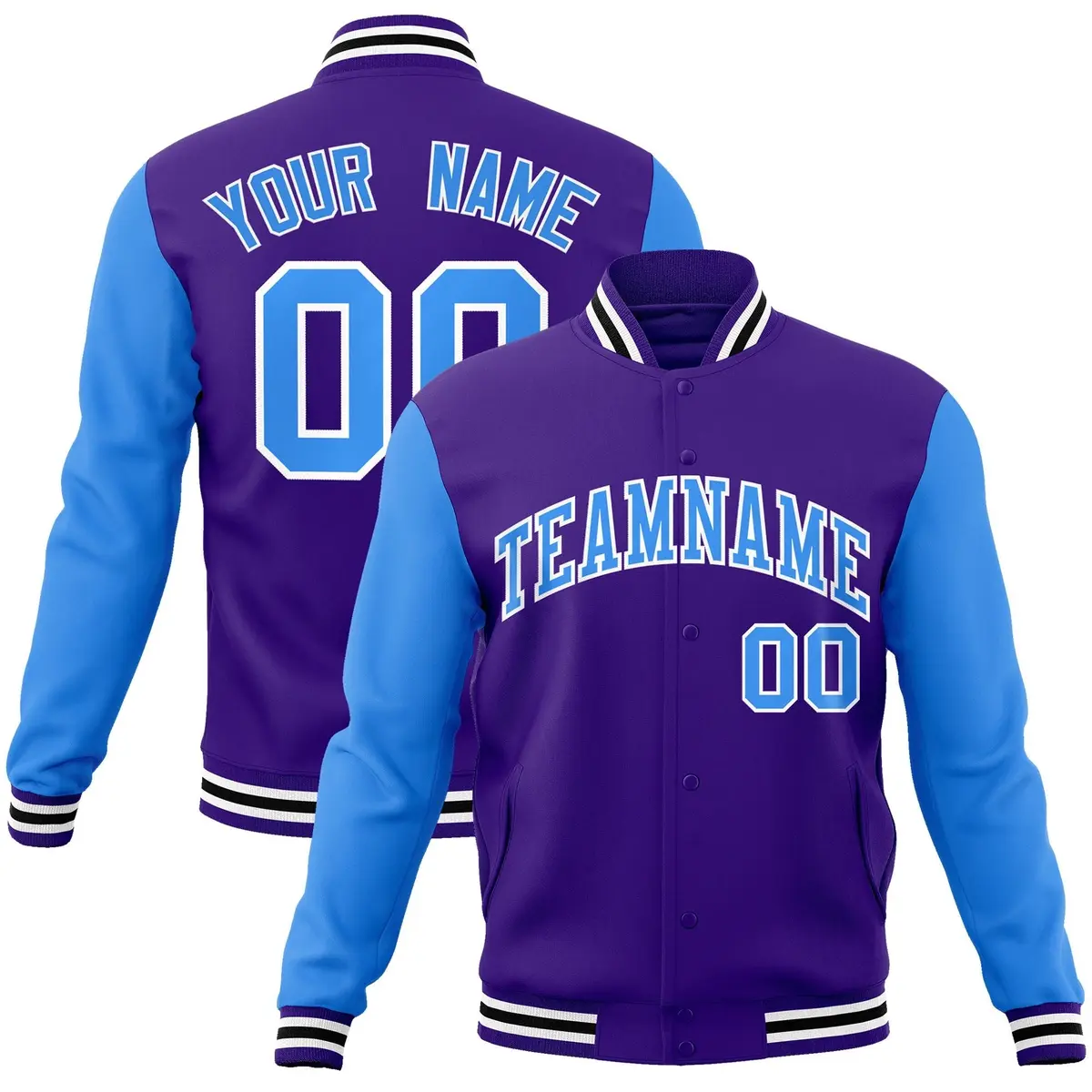 Purple Powder Blue-White Raglan Varsity Full-Snap Letterman Jacket