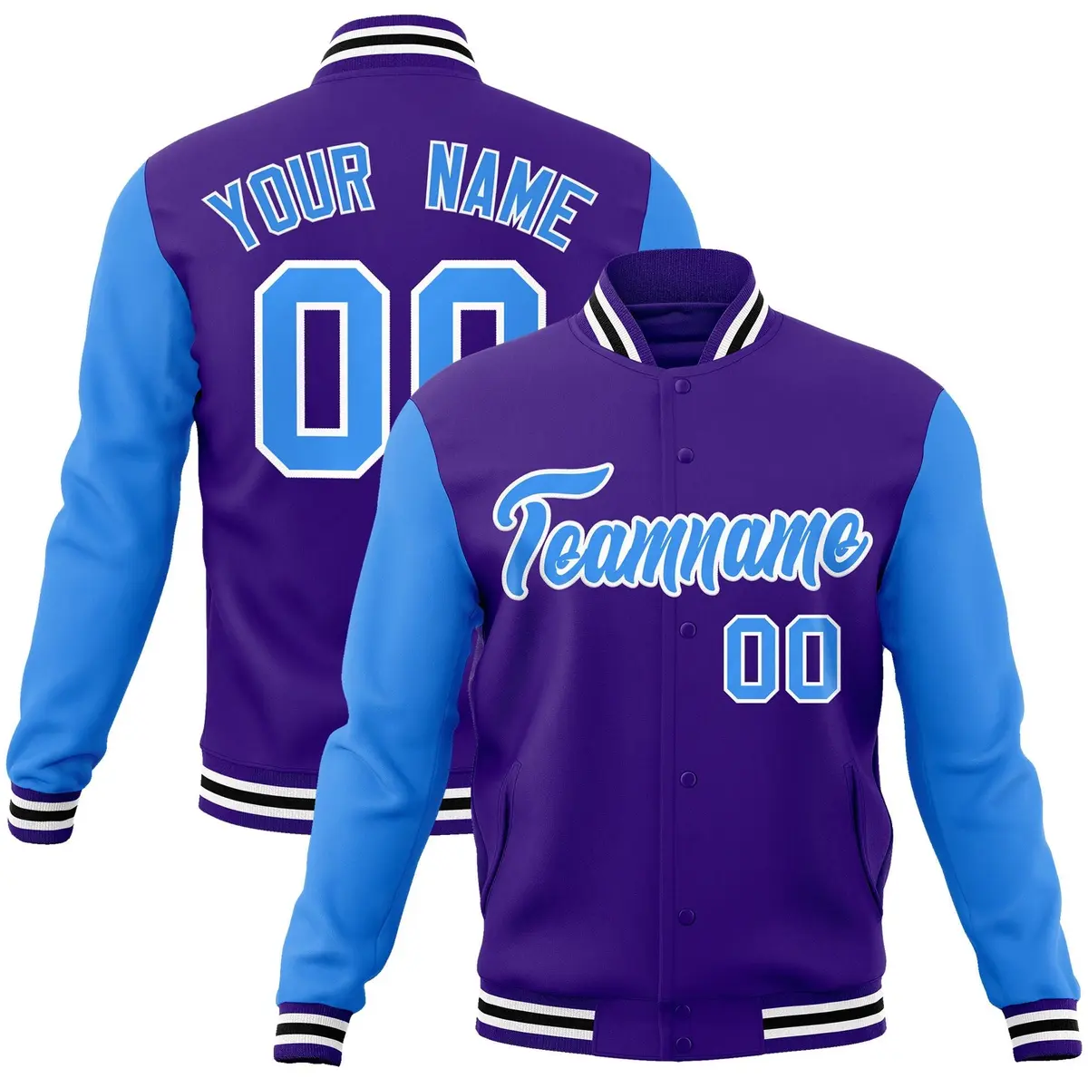 Purple Powder Blue-White Raglan Varsity Full-Snap Letterman Jacket