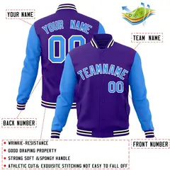 Purple Powder Blue-White Raglan Varsity Full-Snap Letterman Jacket 4