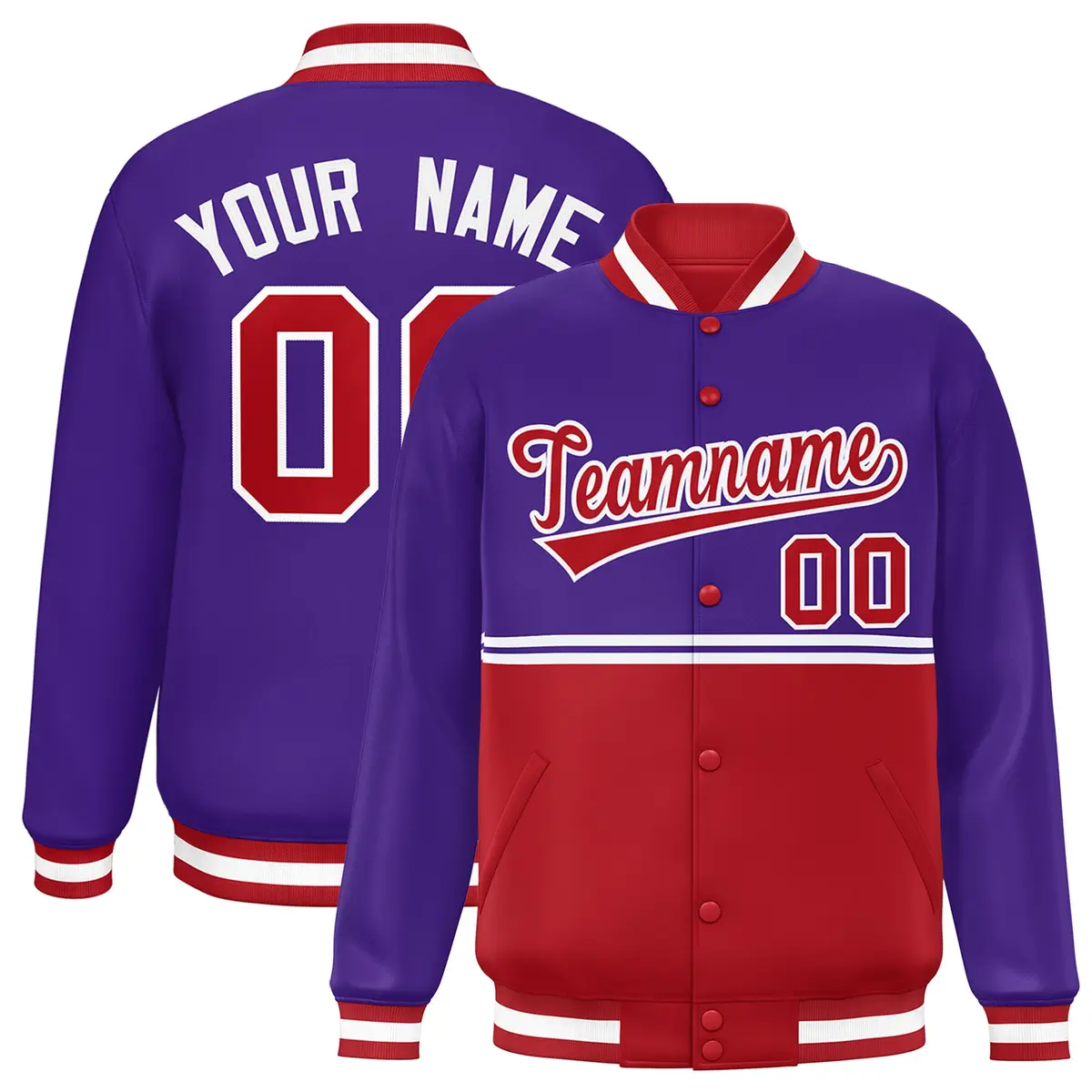 Purple Red Color Block Varsity Full-Snap Letterman Jacket