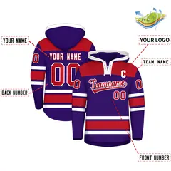 Purple Red Raglan Lace-Up Neck Hockey Hoodie Jersey 2