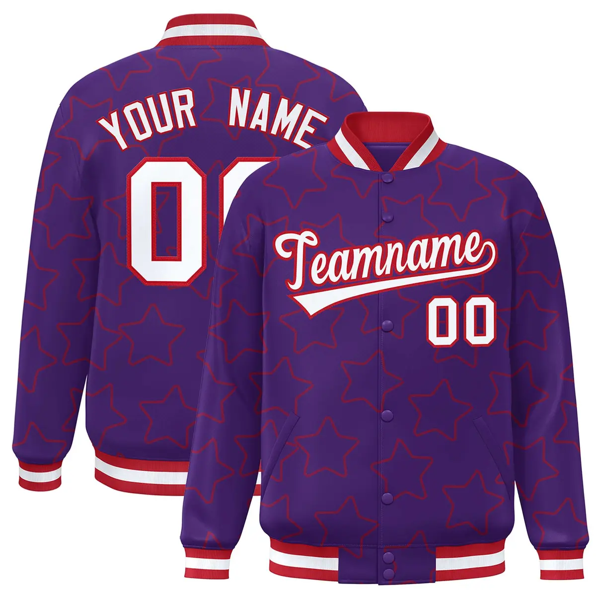 Purple Red Star Pattern Varsity Full-Snap Letterman Baseball Jacket