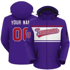 Purple Red-White Color Block Hooded Waterproof Jacket