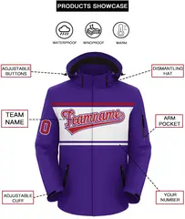Purple Red-White Color Block Hooded Waterproof Jacket 2