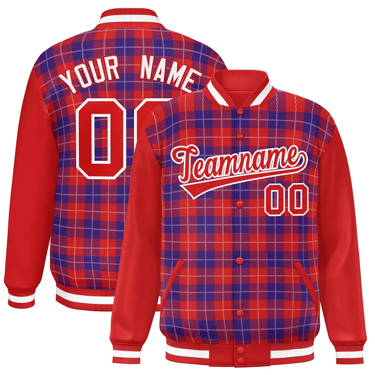 Purple Red-White Plaid Varsity Letterman Baseball Jacket