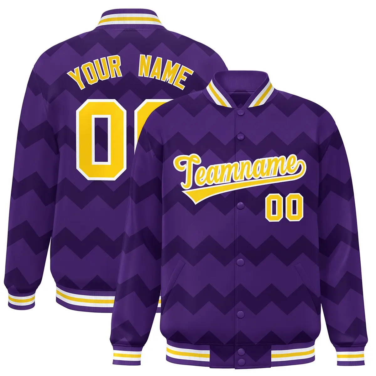 Purple Ripple Color Block Full-Snap Varsity Letterman Jacket
