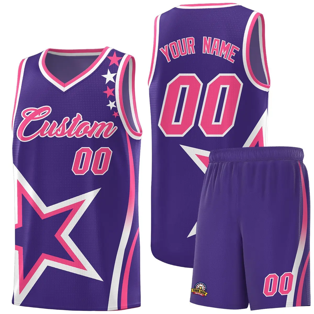 Purple Shoulder Stars Graffiti Pattern Basketball Jersey Set