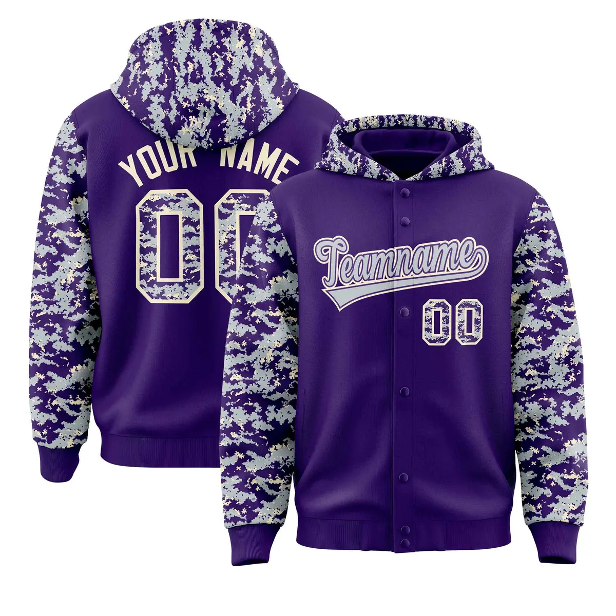 Purple Silver-Cream Raglan Sleeves Camo Varsity Full-Snap Letterman Jacket