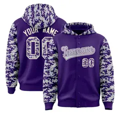 Purple Silver-Cream Raglan Sleeves Camo Varsity Full-Snap Letterman Jacket 1