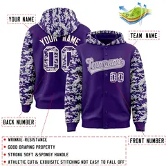 Purple Silver-Cream Raglan Sleeves Camo Varsity Full-Snap Letterman Jacket 4