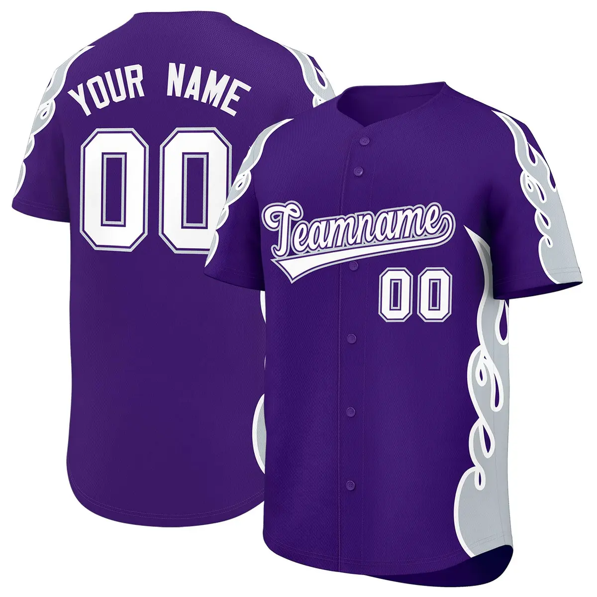 Purple Silver Flame Outline Side Pattern Baseball Jersey