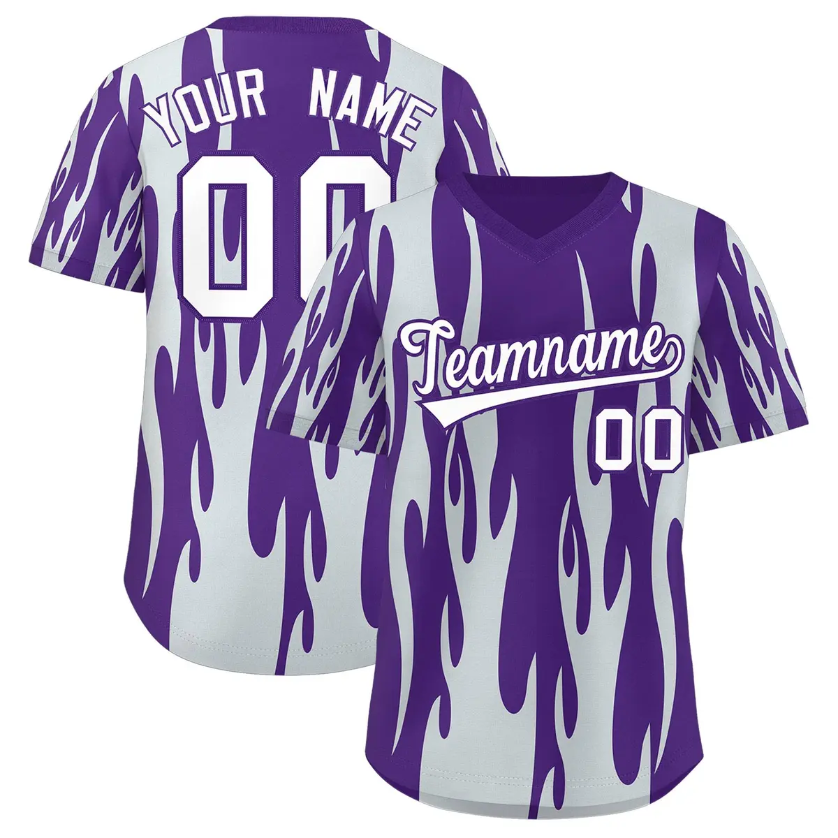 Purple Silver Flame Pattern Pullover Baseball Jersey