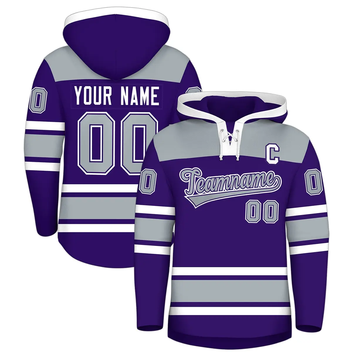 Purple Silver Raglan Lace-Up Neck Hockey Hoodie Jersey
