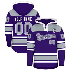 Purple Silver Raglan Lace-Up Neck Hockey Hoodie Jersey 1