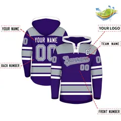 Purple Silver Raglan Lace-Up Neck Hockey Hoodie Jersey 2