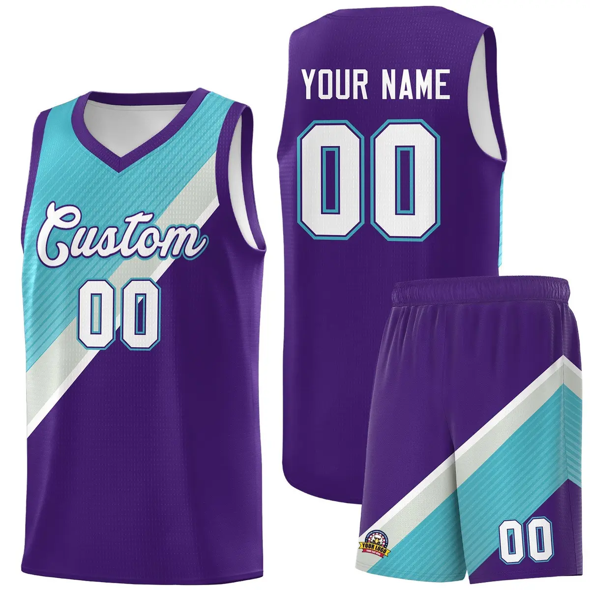 Purple Sky Blue Gray Diagonal Stripes Color Block Basketball Jersey