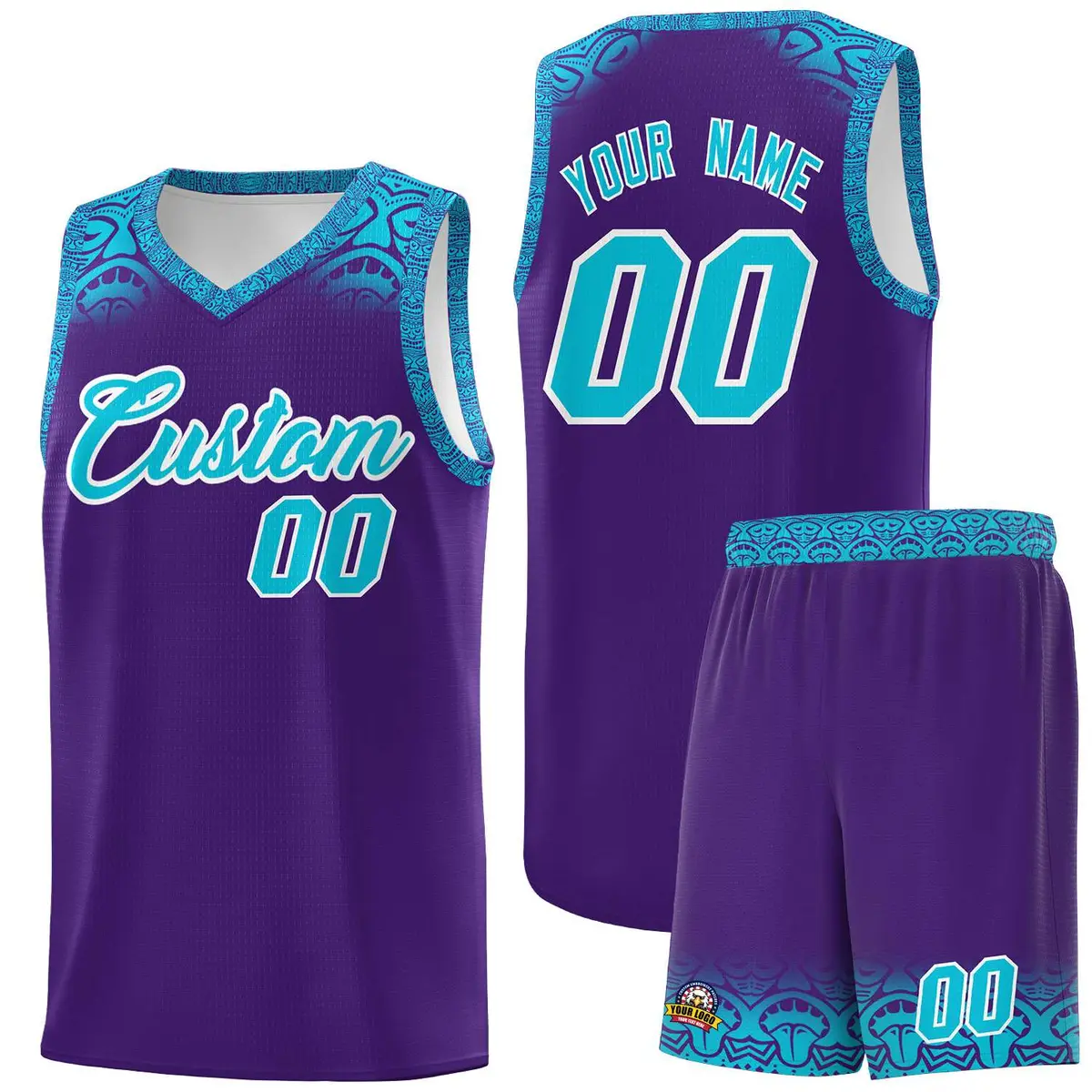 Purple Sky Blue Indians Print Basketball Uniform Jersey