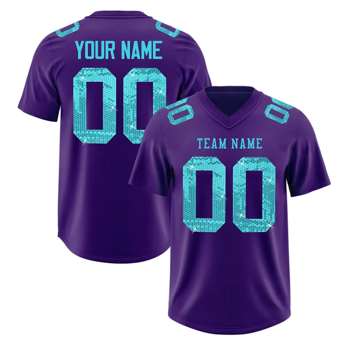 Purple Sky Blue Sequin Lettering Football Jersey