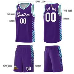 Purple Sky Blue White Diamond Stripe Side Basketball Jersey 5