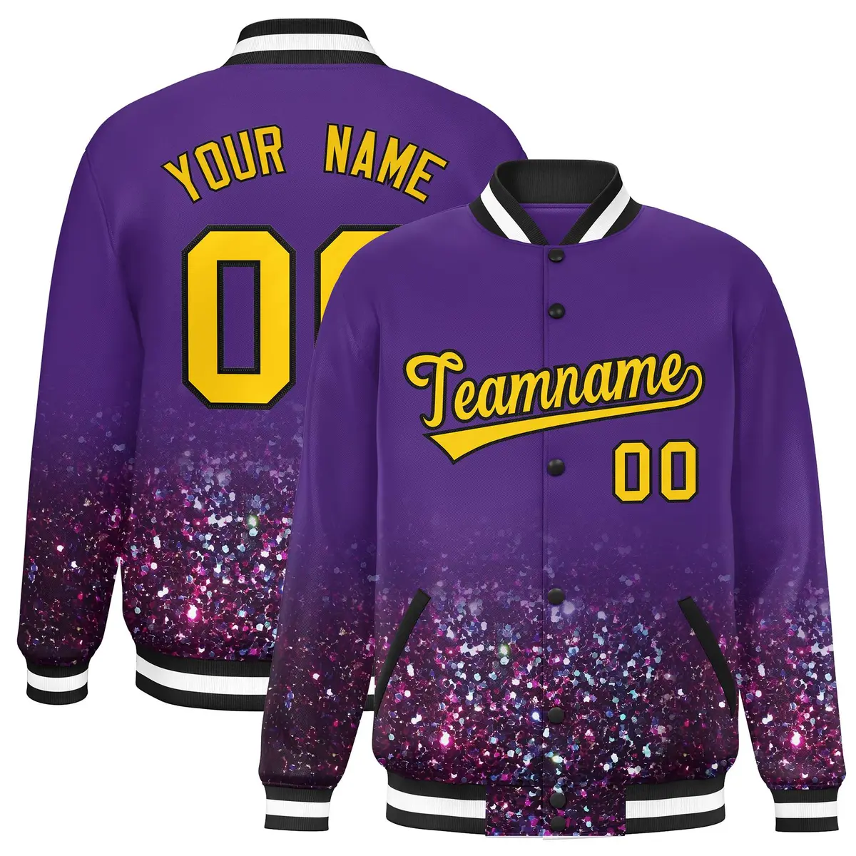 Purple Sparkle-Effect Varsity Full-Snap Letterman Baseball Jacket