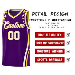 Purple Star Pattern Color Block Shoulders Basketball Jersey 2