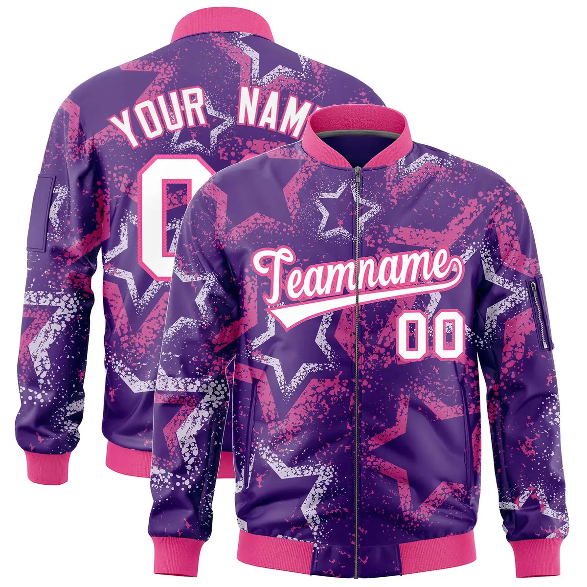 Purple Star Pattern Varsity Letterman Bomber Jacket