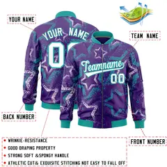 Purple Star Pattern Varsity Letterman Bomber Jacket 2