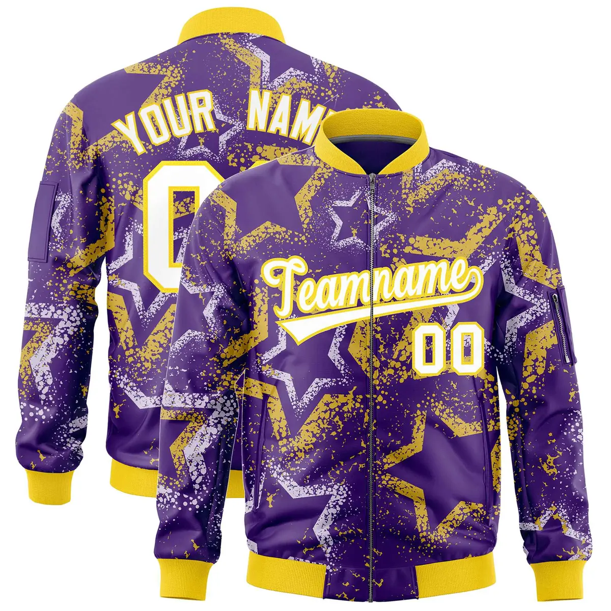 Purple Star Pattern Varsity Letterman Bomber Jacket