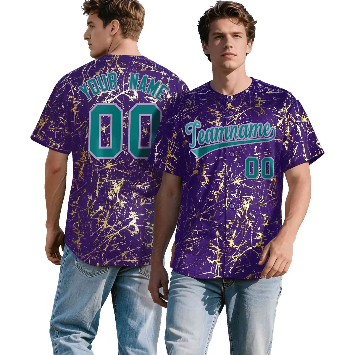 Purple Teal Black & Gold Marble Print Baseball Jersey