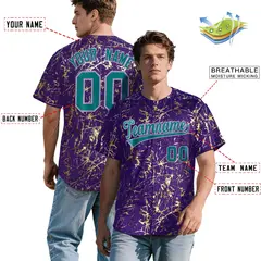 Purple Teal Black & Gold Marble Print Baseball Jersey 2