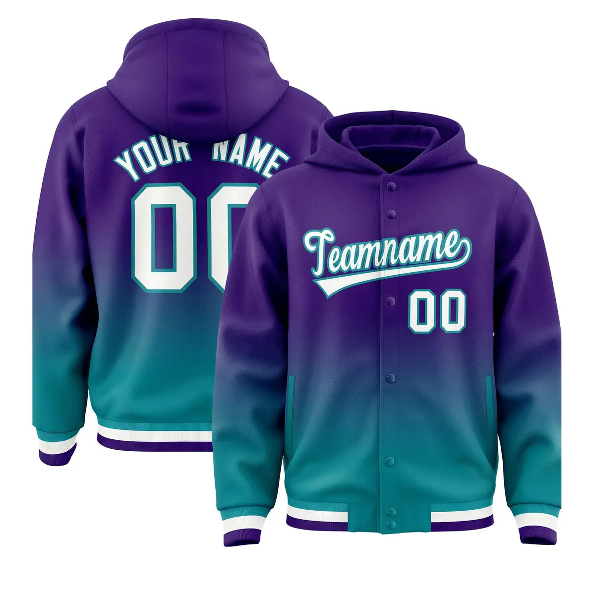Purple Teal Gradient Varsity Full-Snap Letterman Jacket Hoodie