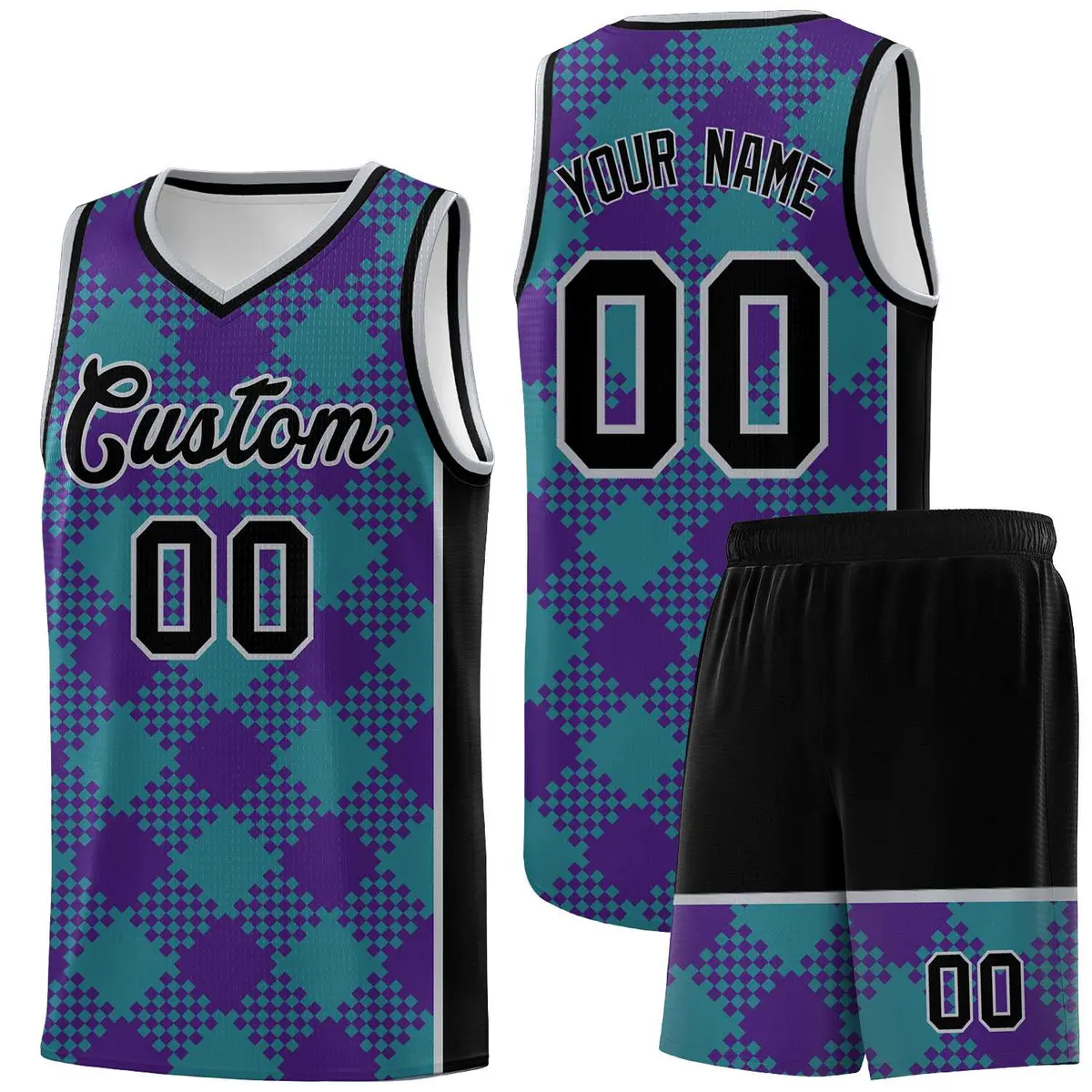 Purple Teal-Gray Grid Basketball Kits For Team