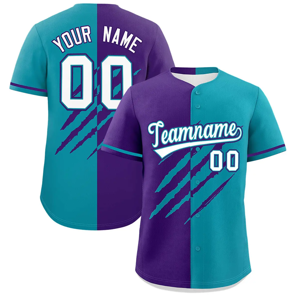 Purple Teal Split Tiger Claw Scratch Baseball Jersey